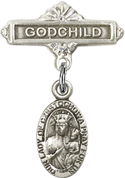 Sterling Silver Baby Badge with O/L of Czestochowa Charm and Godchild Badge Pin