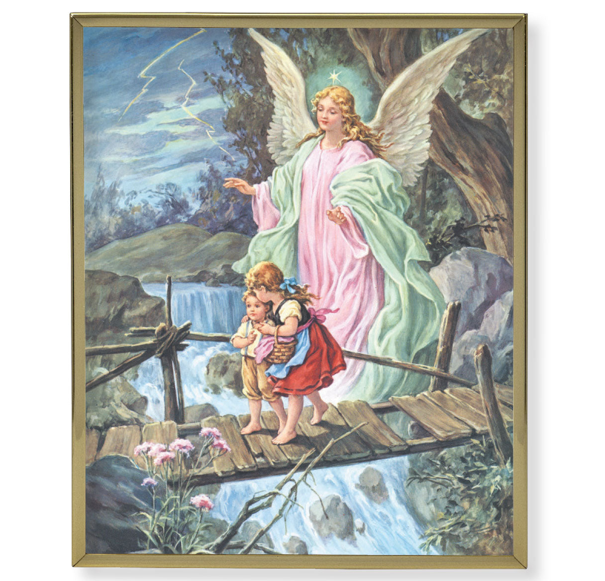 Guardian Angel Crossing the Bridge Gold Framed Plaque Art