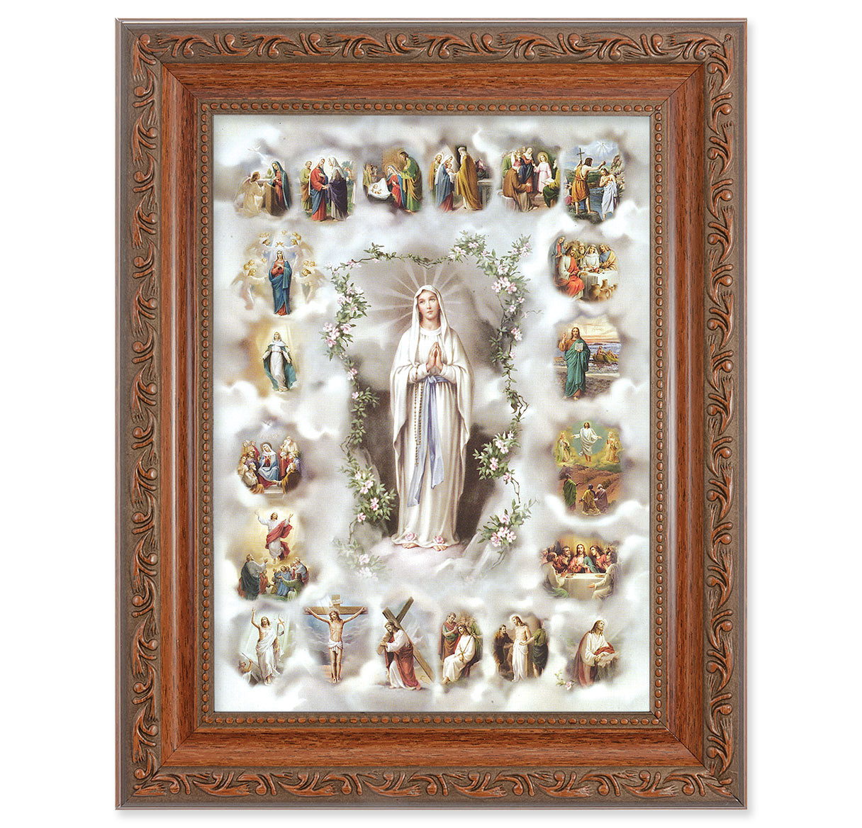 20 Mysteries of the Rosary Mahogany Finish Framed Art
