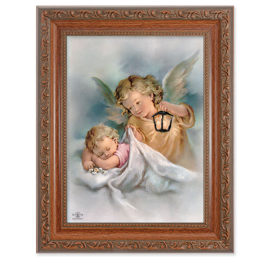 Guardian Angels with Lantern Mahogany Finish Framed Art