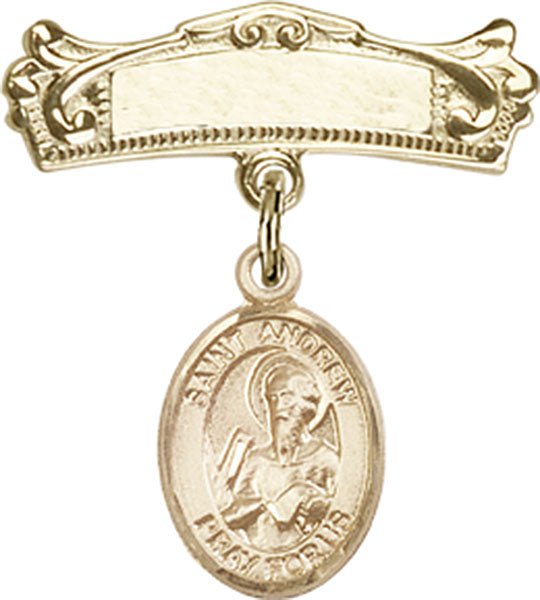 14kt Gold Filled Baby Badge with St. Andrew the Apostle Charm and Arched Polished Badge Pin