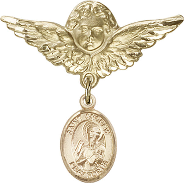 14kt Gold Filled Baby Badge with St. Andrew the Apostle Charm and Angel w/Wings Badge Pin
