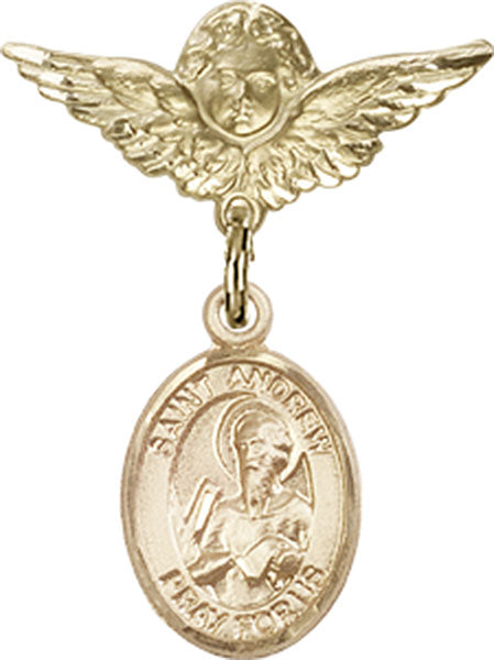 14kt Gold Filled Baby Badge with St. Andrew the Apostle Charm and Angel w/Wings Badge Pin