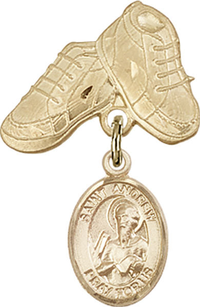 14kt Gold Filled Baby Badge with St. Andrew the Apostle Charm and Baby Boots Pin