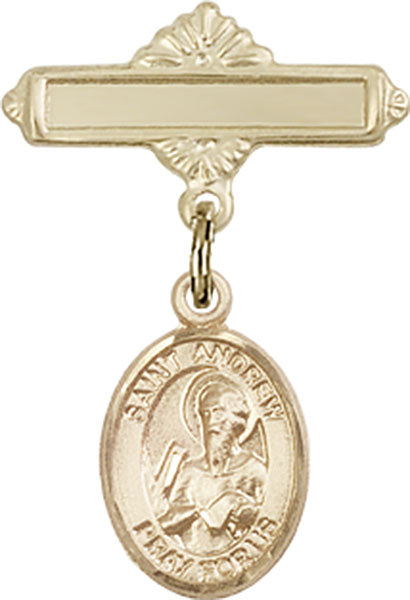 14kt Gold Baby Badge with St. Andrew the Apostle Charm and Polished Badge Pin