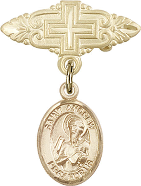 14kt Gold Baby Badge with St. Andrew the Apostle Charm and Badge Pin with Cross