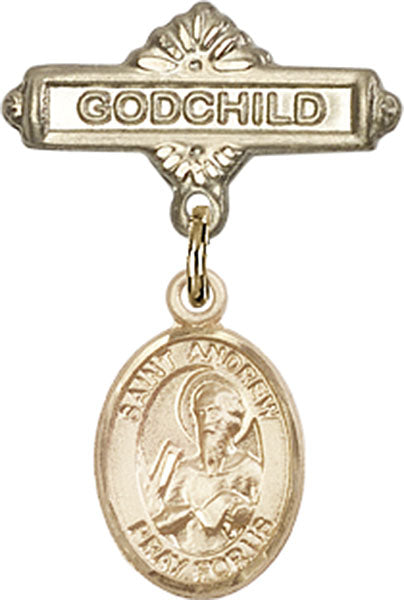 14kt Gold Baby Badge with St. Andrew the Apostle Charm and Godchild Badge Pin