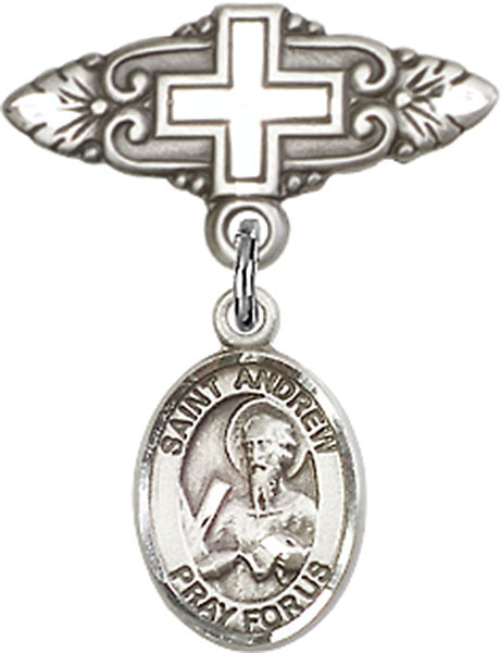 Sterling Silver Baby Badge with St. Andrew the Apostle Charm and Badge Pin with Cross