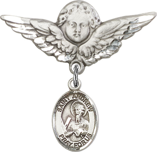 Sterling Silver Baby Badge with St. Andrew the Apostle Charm and Angel w/Wings Badge Pin