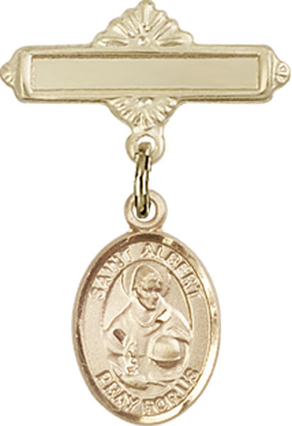 14kt Gold Filled Baby Badge with St. Albert the Great Charm and Polished Badge Pin