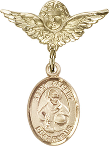 14kt Gold Filled Baby Badge with St. Albert the Great Charm and Angel w/Wings Badge Pin