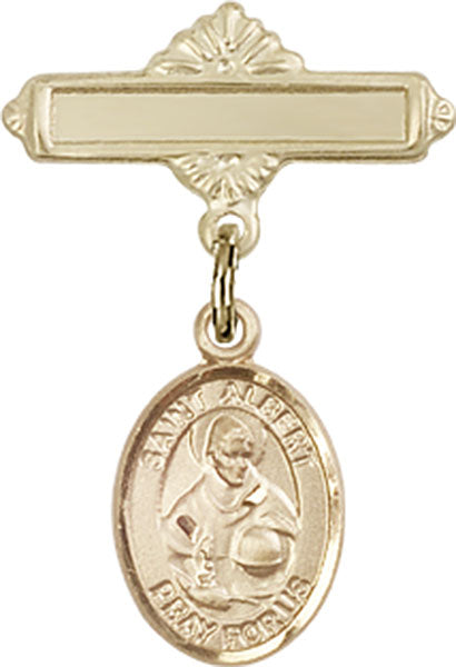 14kt Gold Baby Badge with St. Albert the Great Charm and Polished Badge Pin