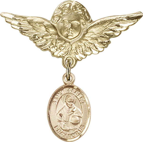 14kt Gold Baby Badge with St. Albert the Great Charm and Angel w/Wings Badge Pin