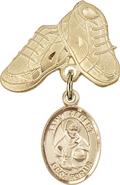 14kt Gold Baby Badge with St. Albert the Great Charm and Baby Boots Pin