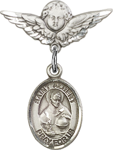 Sterling Silver Baby Badge with St. Albert the Great Charm and Angel w/Wings Badge Pin