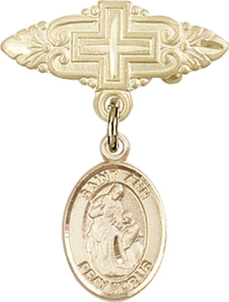 14kt Gold Filled Baby Badge with St. Ann Charm and Badge Pin with Cross