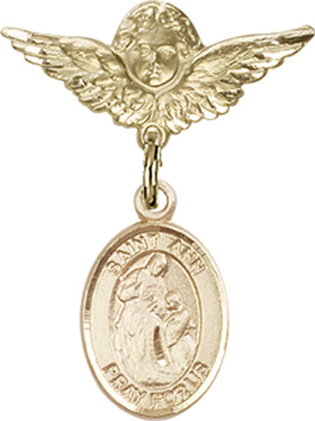 14kt Gold Filled Baby Badge with St. Ann Charm and Angel w/Wings Badge Pin