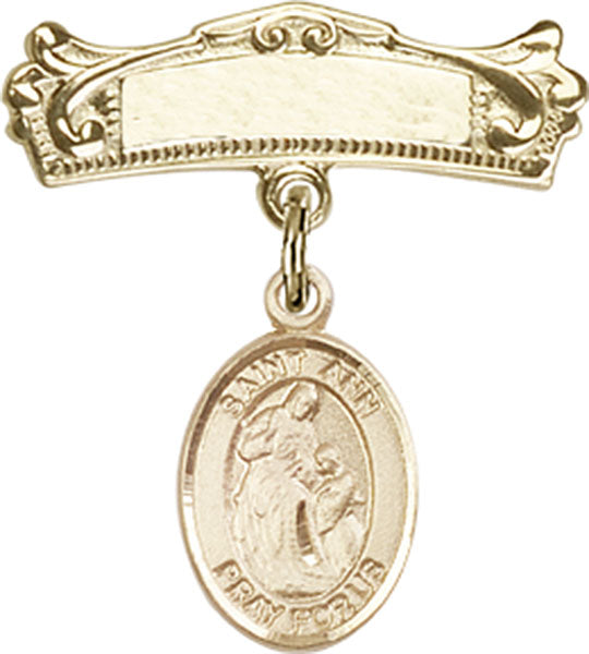 14kt Gold Baby Badge with St. Ann Charm and Arched Polished Badge Pin