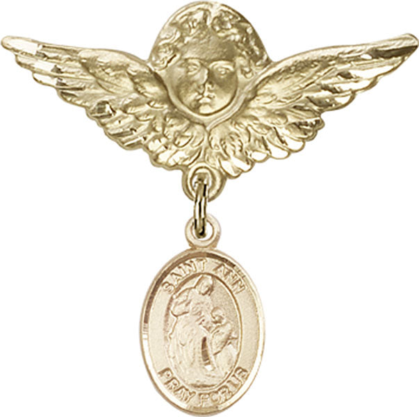 14kt Gold Baby Badge with St. Ann Charm and Angel w/Wings Badge Pin