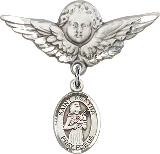Sterling Silver Baby Badge with St. Agatha Charm and Angel w/Wings Badge Pin