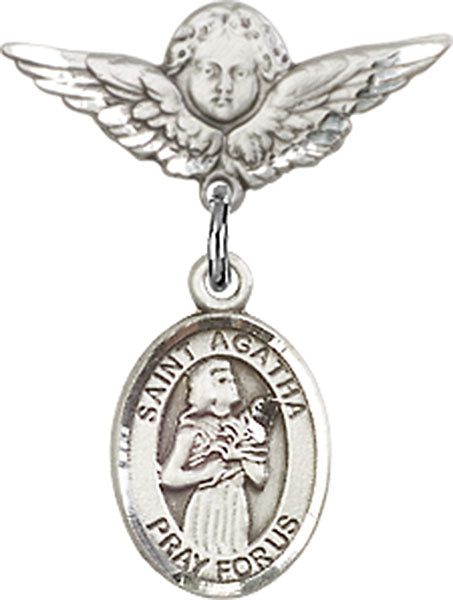 Sterling Silver Baby Badge with St. Agatha Charm and Angel w/Wings Badge Pin