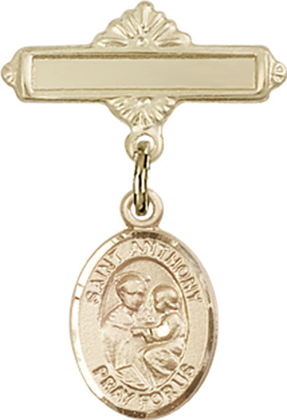14kt Gold Baby Badge with St. Anthony of Padua Charm and Polished Badge Pin