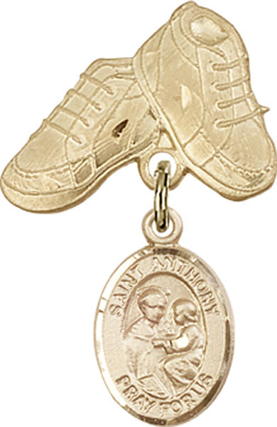14kt Gold Baby Badge with St. Anthony of Padua Charm and Baby Boots Pin