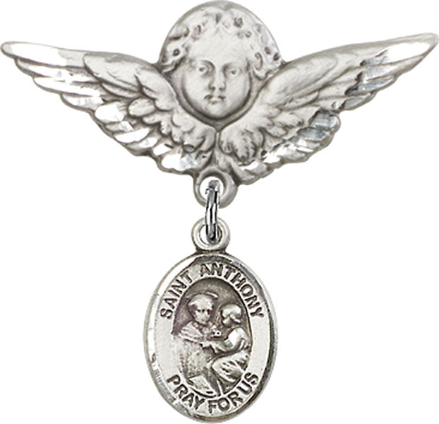 Sterling Silver Baby Badge with St. Anthony of Padua Charm and Angel w/Wings Badge Pin
