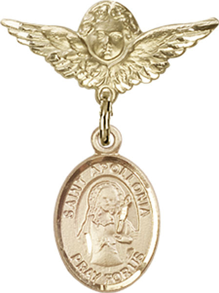 14kt Gold Baby Badge with St. Apollonia Charm and Angel w/Wings Badge Pin