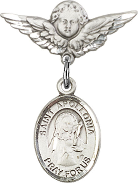 Sterling Silver Baby Badge with St. Apollonia Charm and Angel w/Wings Badge Pin