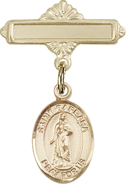 14kt Gold Filled Baby Badge with St. Barbara Charm and Polished Badge Pin