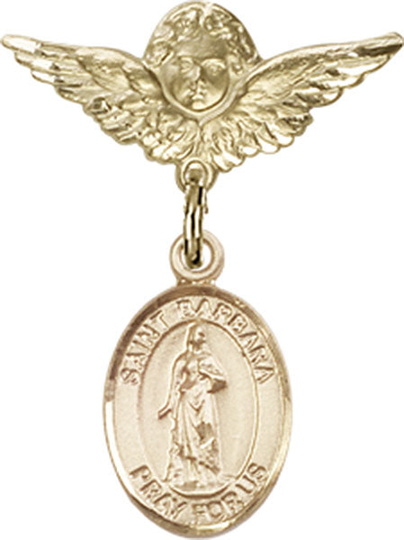 14kt Gold Filled Baby Badge with St. Barbara Charm and Angel w/Wings Badge Pin