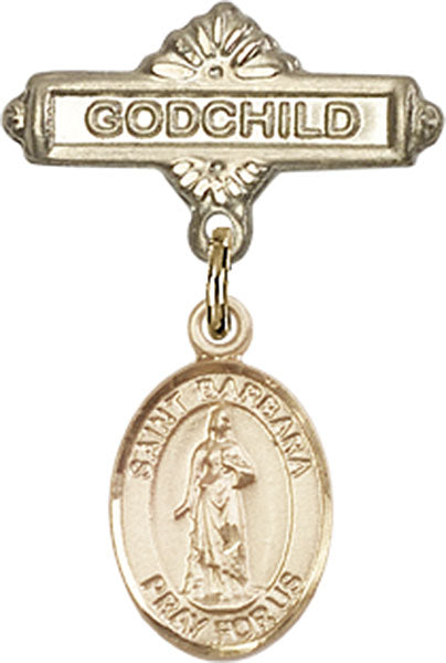 14kt Gold Filled Baby Badge with St. Barbara Charm and Godchild Badge Pin