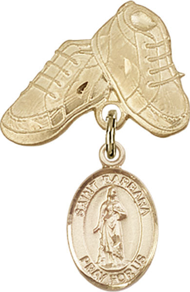 14kt Gold Filled Baby Badge with St. Barbara Charm and Baby Boots Pin