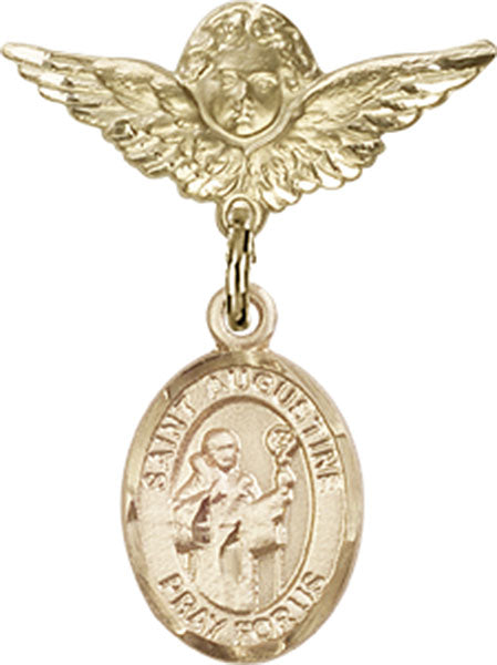 14kt Gold Baby Badge with St. Augustine Charm and Angel w/Wings Badge Pin