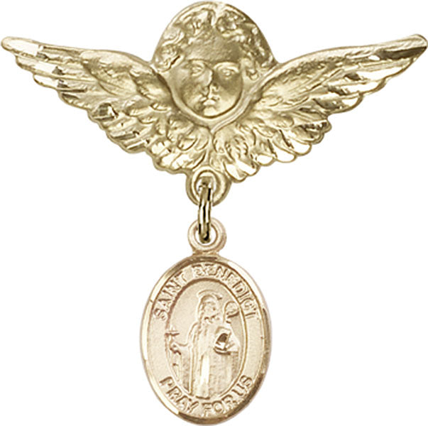 14kt Gold Filled Baby Badge with St. Benedict Charm and Angel w/Wings Badge Pin
