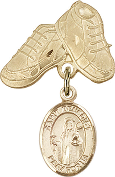 14kt Gold Filled Baby Badge with St. Benedict Charm and Baby Boots Pin