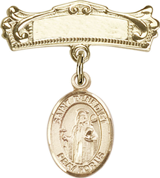 14kt Gold Baby Badge with St. Benedict Charm and Arched Polished Badge Pin