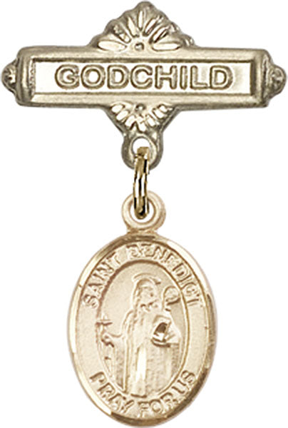 14kt Gold Baby Badge with St. Benedict Charm and Godchild Badge Pin