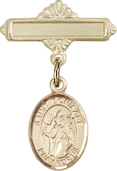 14kt Gold Filled Baby Badge with St. Boniface Charm and Polished Badge Pin