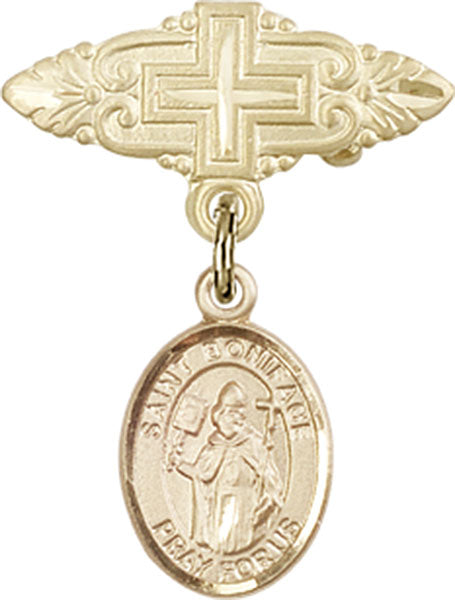 14kt Gold Filled Baby Badge with St. Boniface Charm and Badge Pin with Cross