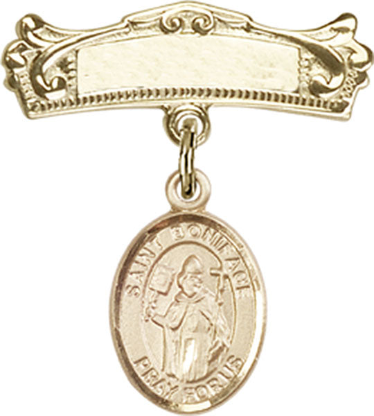 14kt Gold Filled Baby Badge with St. Boniface Charm and Arched Polished Badge Pin