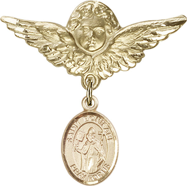 14kt Gold Baby Badge with St. Boniface Charm and Angel w/Wings Badge Pin