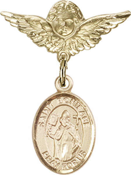 14kt Gold Baby Badge with St. Boniface Charm and Angel w/Wings Badge Pin