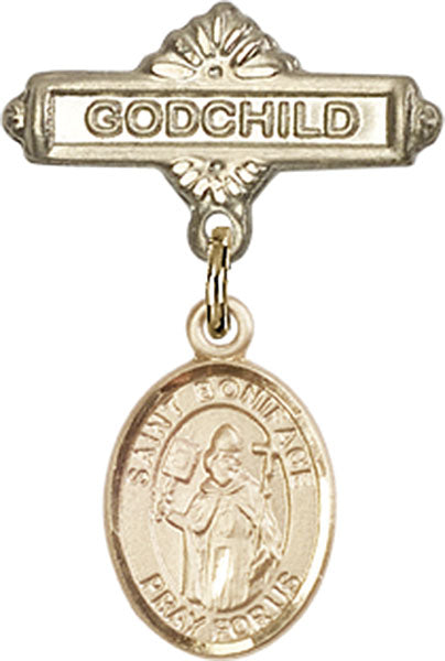 14kt Gold Baby Badge with St. Boniface Charm and Godchild Badge Pin