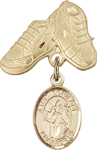 14kt Gold Baby Badge with St. Boniface Charm and Baby Boots Pin
