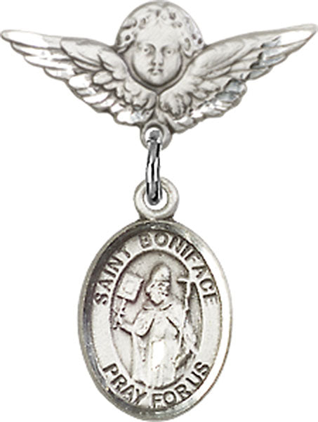 Sterling Silver Baby Badge with St. Boniface Charm and Angel w/Wings Badge Pin
