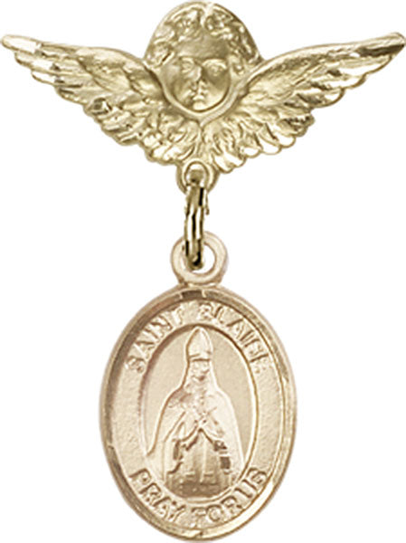14kt Gold Filled Baby Badge with St. Blaise Charm and Angel w/Wings Badge Pin