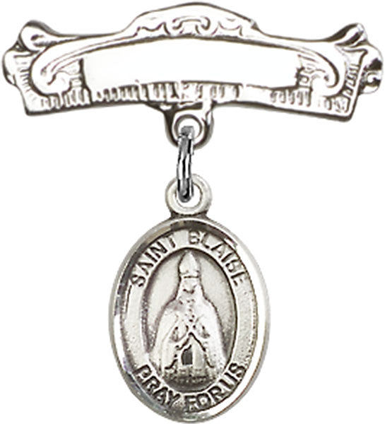 Sterling Silver Baby Badge with St. Blaise Charm and Arched Polished Badge Pin