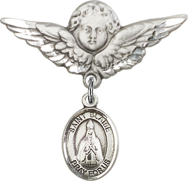 Sterling Silver Baby Badge with St. Blaise Charm and Angel w/Wings Badge Pin